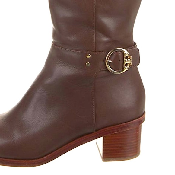 Tory Burch tall brown leather boots zip up knee high heeled chunky fall boots - Picture 2 of 9